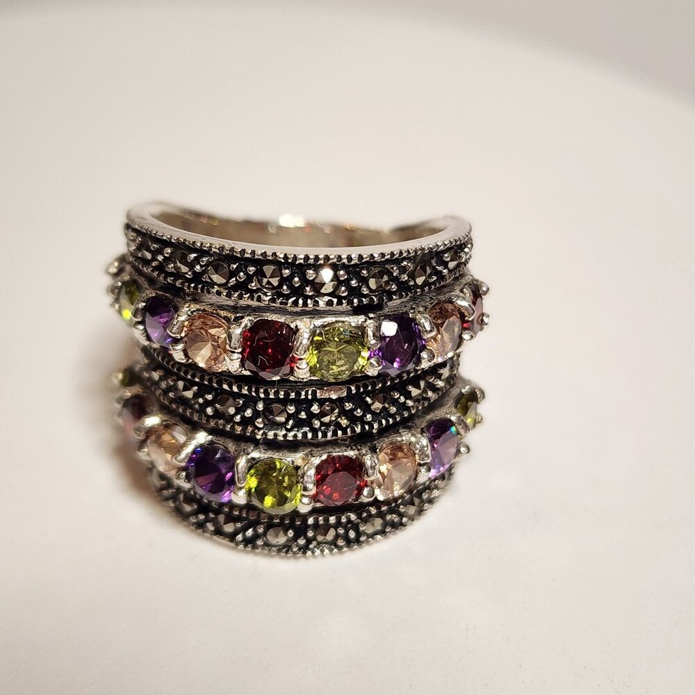 Vintage Silver Multi-gemstone Marcasite Ring